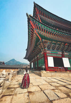 身穿傳統韓國服飾的女性在藍天下走向華麗的宮殿 — 韓國 壁紙