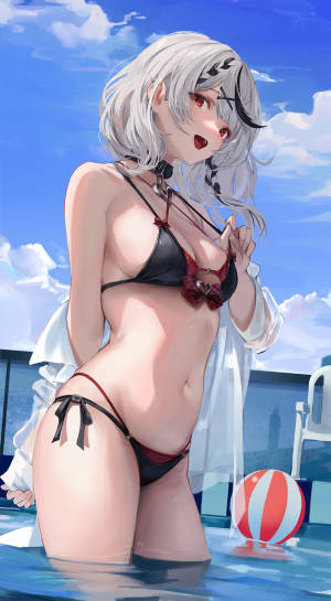 銀髮動漫女孩在泳池中穿著黑色和紅色的比基尼。