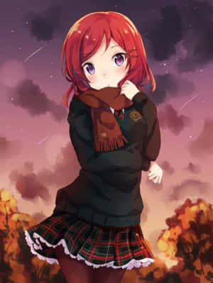 穿校服和圍巾的動漫女孩，在星空暮色下與秋葉相伴。
