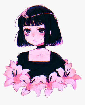 動畫女孩，黑色波波頭，腰間圍繞粉紅色百合花。 — 粉紅動漫美學 壁紙