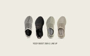 從上方看到四對不同顏色的Yeezy Boost 350 V1運動鞋。