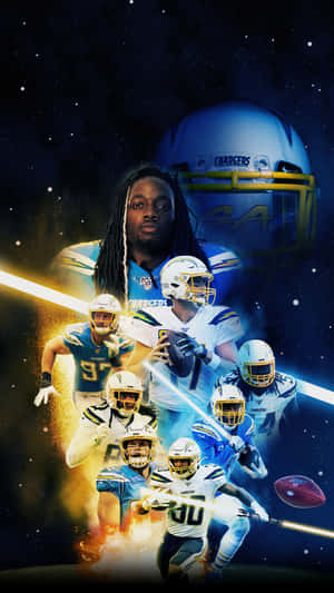 洛杉磯電光隊美式足球員在星空太空背景下移動，帶有發光效果。