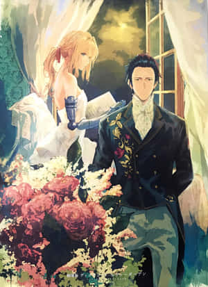 一位身穿正式服裝的男士和女士站在窗邊的一大束玫瑰旁邊。 — Kindle 壁紙