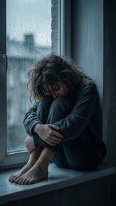 一個女人赤腳坐在下雨的窗台上，神情沮喪。