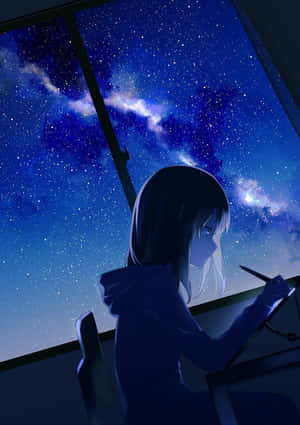 動漫女孩在夜晚星空下繪畫，透過窗戶可見銀河。