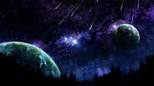 兩顆行星在夜間漂浮在森林之上，下方是繁星點點、有流星的天空。