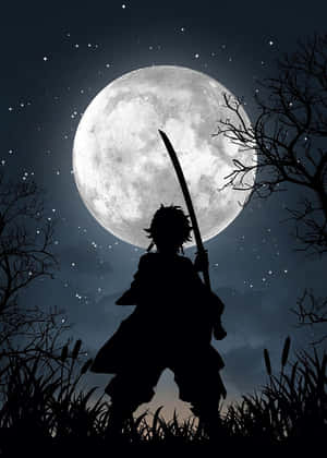 動漫戰士剪影在滿月下持劍，星空之夜