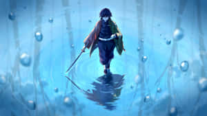 武士戰士持劍在水中行走，雨滴落下