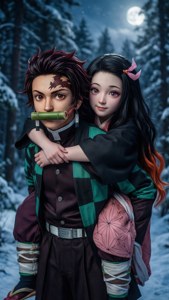 動漫角色在雪林夜間，滿月下一個背著另一個