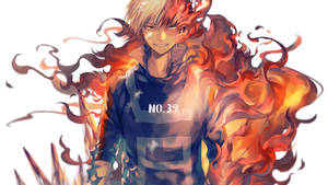 動漫男孩，擁有火焰般的頭髮和周圍的火焰，身穿印有NO.39的藍色連帽衫。 — 轟焦凍 壁紙