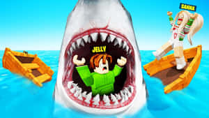 Roblox角色喺鯊魚場景中，一個喺口入面，另一個喺船上。