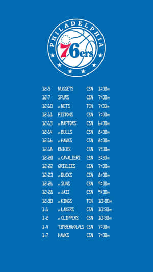 費城76人NBA即將到來的比賽賽程表，白色文字，藍色背景。