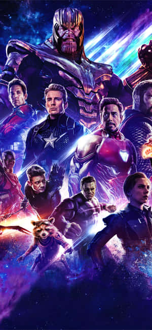 復仇者聯盟團隊和 Thanos 在宇宙戰鬥場景中，背景是充滿活力的太空。
