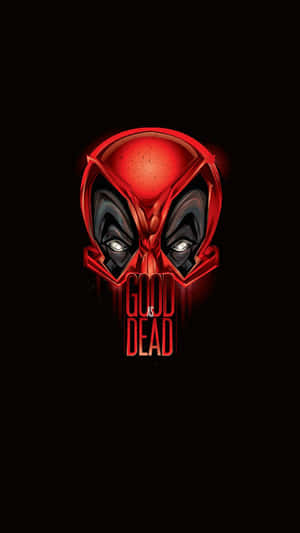 死侍面具，帶有發光的眼睛和文字 good as dead，黑色背景