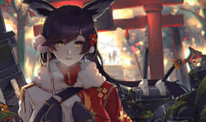 動漫女孩穿著紅色和服，有狐狸耳朵，在日落時站在神社前。