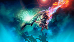 動漫戰士在宇宙風暴和火焰軌跡中揮舞發光劍。