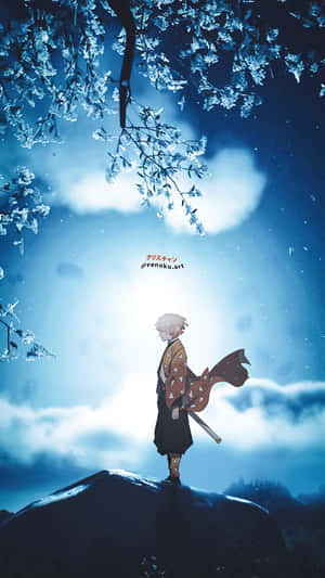 動漫男孩穿著和服持劍，站在雪山上，夜晚櫻花下。