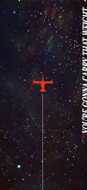 星空宇宙中的紅色飛機剪影與垂直文字