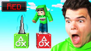 穿綠色連帽衫的男子對PlayStation方塊上的Minecraft角色感到震驚。