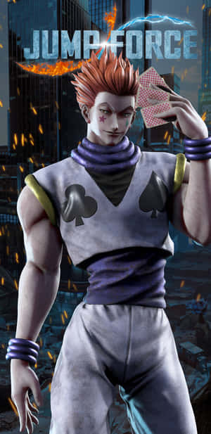 動漫角色在帶有 'Jump Force' 標誌的火熱城市景觀中手持紙牌。