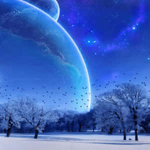 雪地森林，光禿樹木和鳥兒飛翔，巨大藍色星球和星空下。