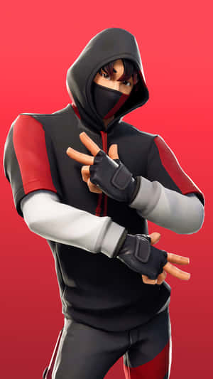 Fortnite角色穿連帽衫在紅色背景前比和平手勢