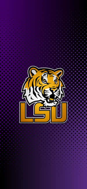 LSU 老虎吉祥物標誌，紫色漸變背景帶半色調點。