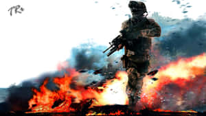 士兵在戰場的火焰和煙霧中行走。