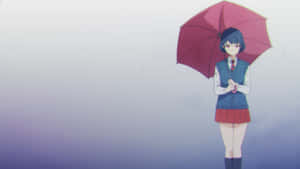 動漫女學生穿著校服在雨中的紫灰色場景中撐著紅傘。 — 女孩 壁紙