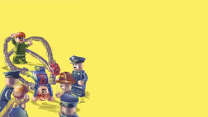樂高蜘蛛俠被綠色反派困在蜘蛛網中，被警察包圍。