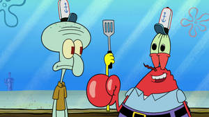 Squidward 同 Mr. Krabs 戴住水手帽，拎住鑊鏟同拳擊手套喺水底。
