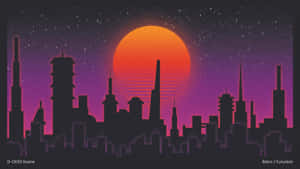 日落時分的城市天際線，帶有復古未來主義建築和星空。