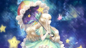 動漫女孩在宇宙夜空中與微笑的星星一起撐傘。