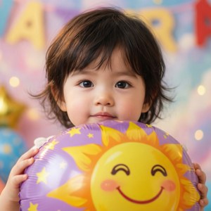 幼兒在色彩繽紛的派對中手持微笑的太陽氣球。