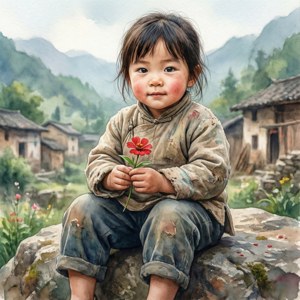 一個穿著破舊衣服的小孩坐在山村的岩石上，手持一朵紅花。
