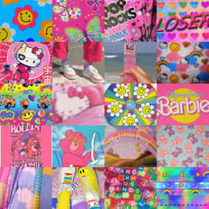 一幅色彩繽紛的流行文化圖標拼貼畫，包括Hello Kitty、Care Bears和Barbie，搭配微笑花朵和彩虹圖案。