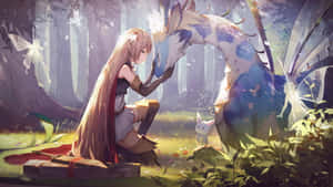 動漫女孩在魔法森林中與精靈一起輕輕觸摸龍。 — 龍 壁紙