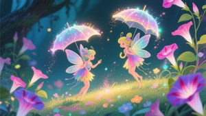 兩個精靈帶着發光雨傘在紫色花叢中於暮光森林中跳舞。