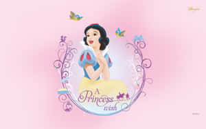 白雪公主在裝飾框架中，帶有鳥兒和文字「A Princess Wish」，粉紅色背景。