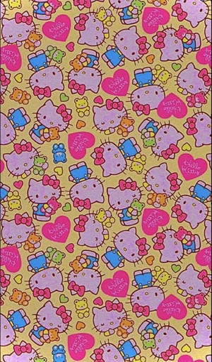 Hello Kitty 壁紙，金色背景上有粉紅色心形和玩具