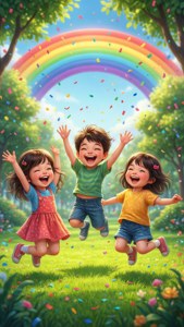 三個笑著的孩子在彩虹下、紙屑飄落的草地上跳躍。