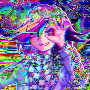 帶有故障效果和鎖鏈的動漫女孩，身處霓虹數碼場景。