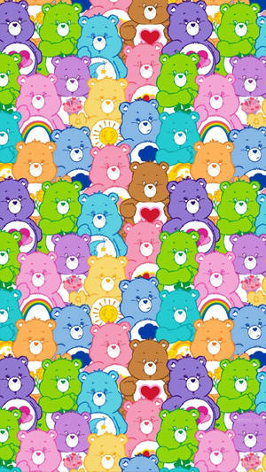 重複圖案中帶有徽章的色彩繽紛Care Bears。