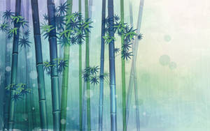 高大的竹莖帶著綠葉，在帶有柔和散景光的霧氣森林中。