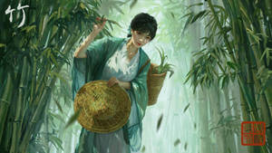 身穿傳統長袍的女子在竹林中手持籃子和帽子。 — 日本 壁紙