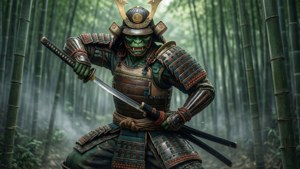 綠色皮膚的武士戰士穿著全套盔甲，在霧氣瀰漫的竹林中手持武士刀。
