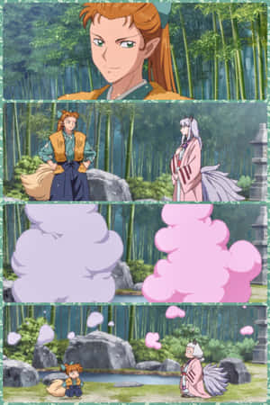 竹林中的動漫角色，漂浮的粉紅色和紫色雲朵。 — Vivo Pad SE 壁紙