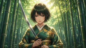 年輕武士身穿綠色和服在竹林手持武士刀。