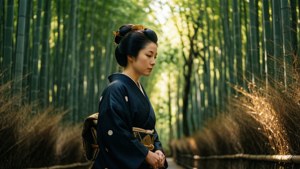 一位身穿和服的女子在日落時分走過竹林。