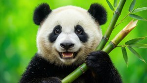 一隻大熊貓在綠色森林中手持竹子。